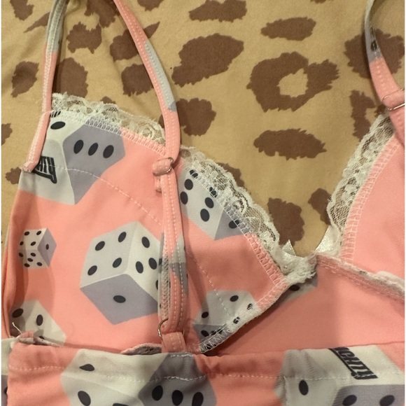 O-mighty Pink tank top dice design with lace. Cropped. Sz S. #chance #dice - Picture 9 of 11